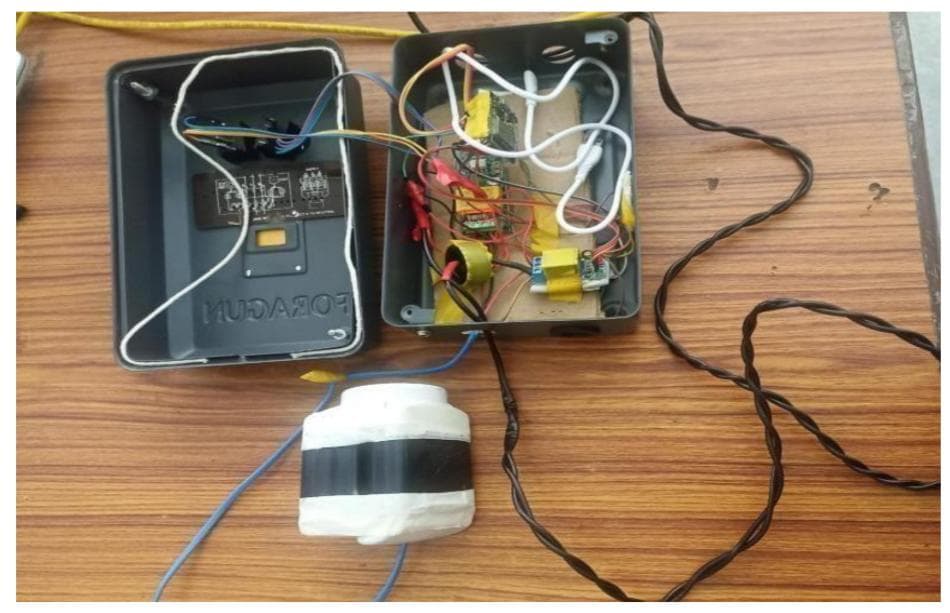 Automatic and Remote Motor Control System hardware internals — relay module, custom wiring, motor driver circuit inside enclosure, built at SkillForge Technology laboratory Erode
