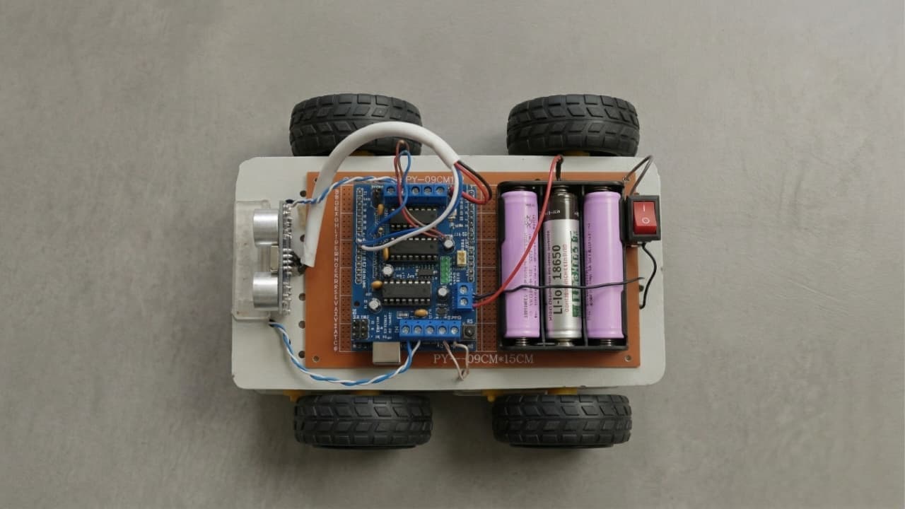 Eye Blink Controlled Car with Obstacle Avoidance — top-down view of PCB layout, L298N motor driver and 18650 Li-Ion battery holder built at SkillForge Technology lab, Erode