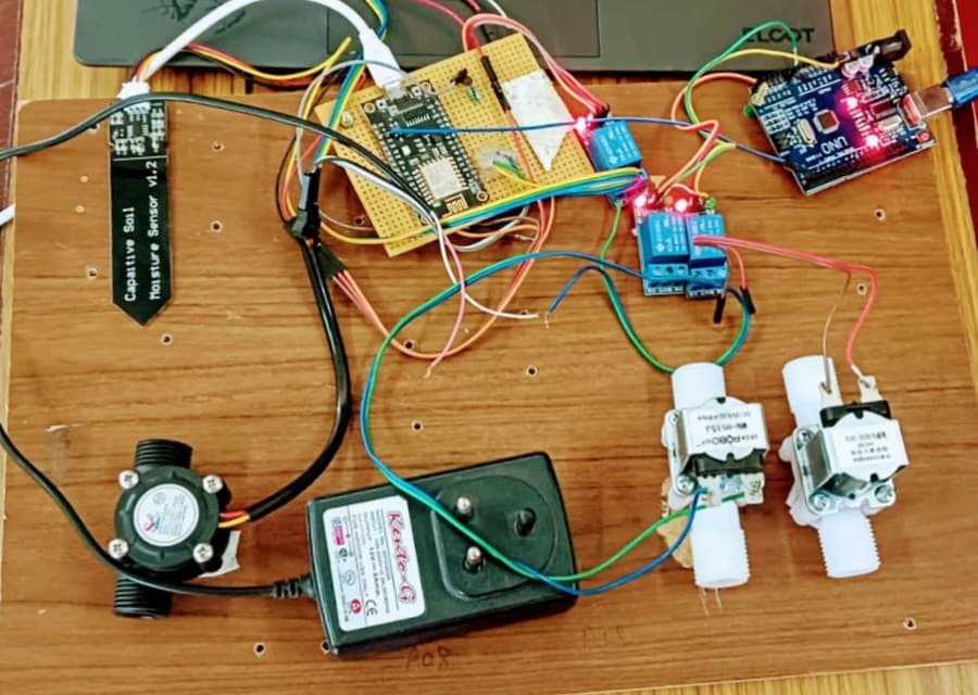 Smart Irrigation System developed at SkillForge Technology Erode — capacitive soil moisture sensor V1.2, ESP8266 NodeMCU, Arduino UNO, dual relay module and solenoid water valves