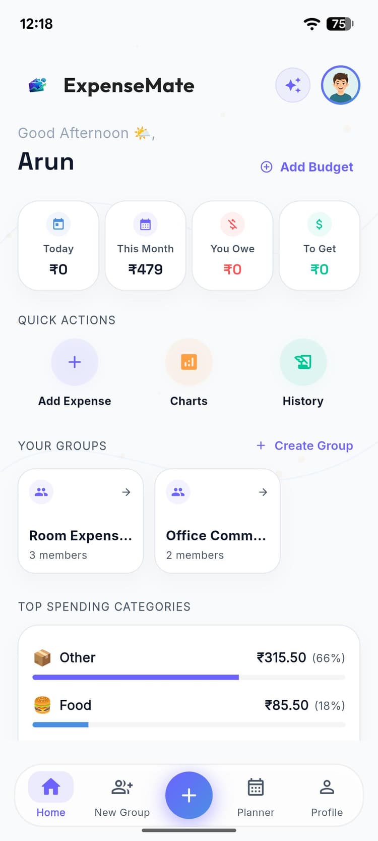 ExpenseMate Home Dashboard